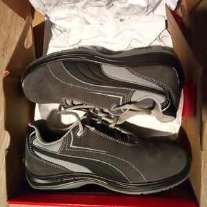 Puma steel-toe, slip-resistant, work shoe.